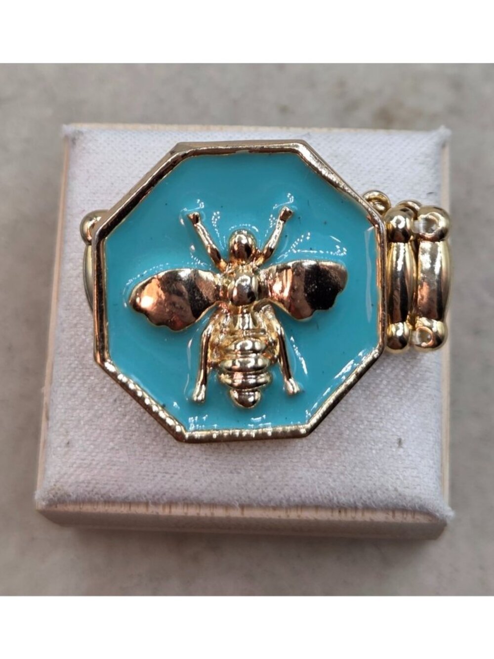 Gold-Tone Bee Ring With Turquoise Enamel Octagon Design Adjustable Size